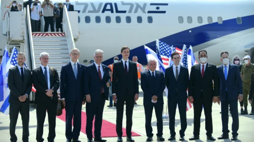 Senior adviser to U.S. President Donald Trump Jared Kushner, National Security Advisor Robert O'Brien and members of the U.S.-Israeli delegation attend a ceremony ahead of their departure from Tel Aviv to Abu Dhabi at Ben-Gurion International Airport on Aug. 31, 2020. Photo by Tomer Neuberg/Flash90.