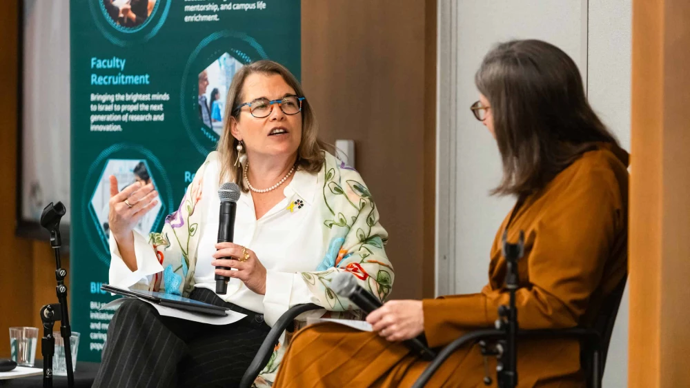 At the Marlene Meyerson JCC Manhattan on Tuesday, Oct. 21, American Friends of Bar-Ilan University hosted a discussion between the JCC's CEO Rabbi Joanna Samuels (right) and Ruth Halperin-Kaddari, Ph.D., (left)—founding academic director of the Rackman Center for the Advancement of the Status of Women at the Bar-Ilan University Faculty of Law. Photo by Jennifer Weisbord.