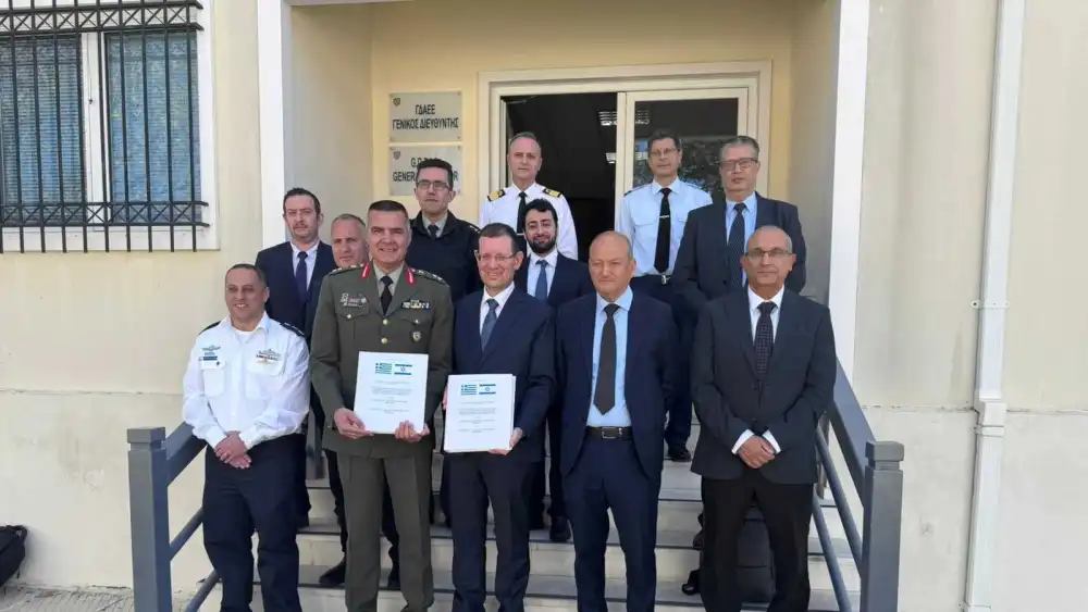 Israeli and Greek officials during a signing ceremony for a defense deal, held at the Hellenic Ministry of National Defense‪ in Athens, April 6, 2026. Credit: Hellenic Ministry of National Defense‪.