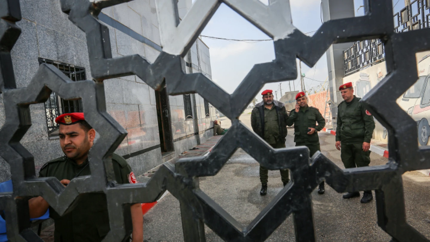 Palestinian security forces loyal to Hamas stand at the Rafah border crossing with Egypt in the southern Gaza Strip on March 15, 2020. Photo by Abed Rahim Khatib/Flash90.