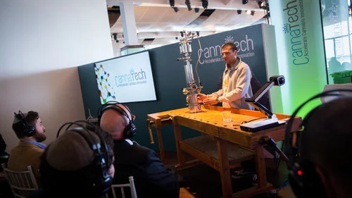 A demonstration during CannaTech, Israel’s annual medical cannabis innovation conference in Tel Aviv, March 20, 2017. Credit: Miriam Alster/Flash90.