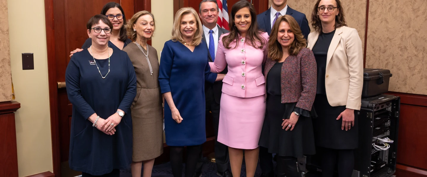 Rep. Carolyn Maloney (D-N.Y.) (left center) next to Rep. Elise Sefanik (R-N.Y.) (right center) along with officials from organizations, including Hadassah and the U.S. Holocaust Memorial Museum, following the passage of the Never Again Holocaust Act by the U.S. House of Representatives. Credit: Phi Nguyen, Official House of Representatives Photographer.