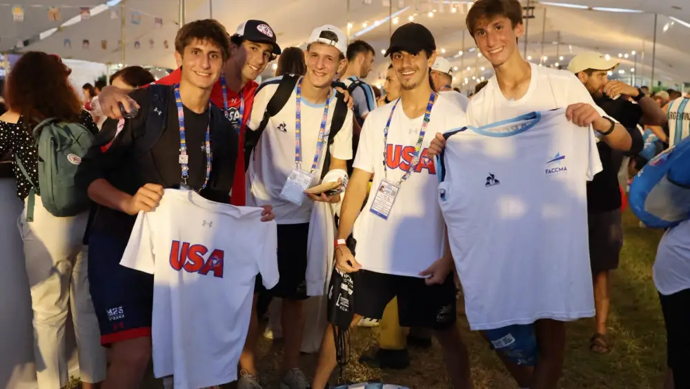 Members of Team USA celebrate at the closing ceremony of Maccabiah 2026, July 13, 2026. Credit: Courtesy of Maccabiah.