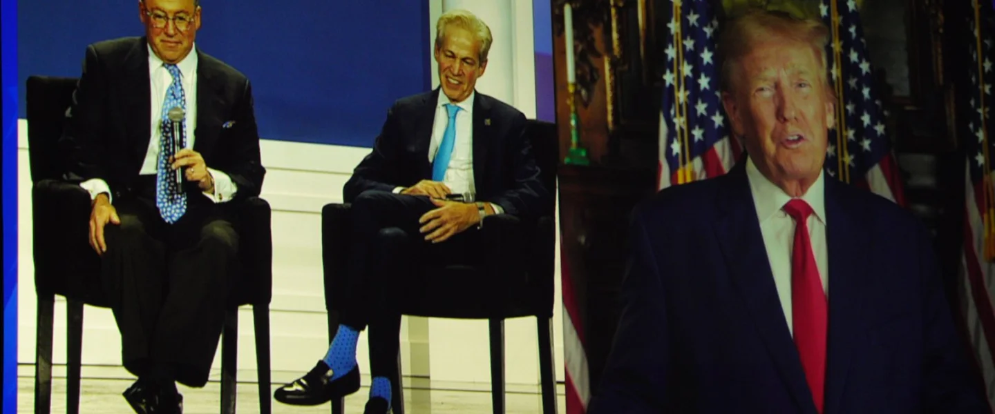 Republican Jewish Coalition CEO Matt Brooks (left) and National chairman Sen. Norm Coleman speak with former President Donald Trump, who appeared via satellite at the RJC's annual meeting, Nov. 19, 2022. Credit: Republican Jewish Coalition.