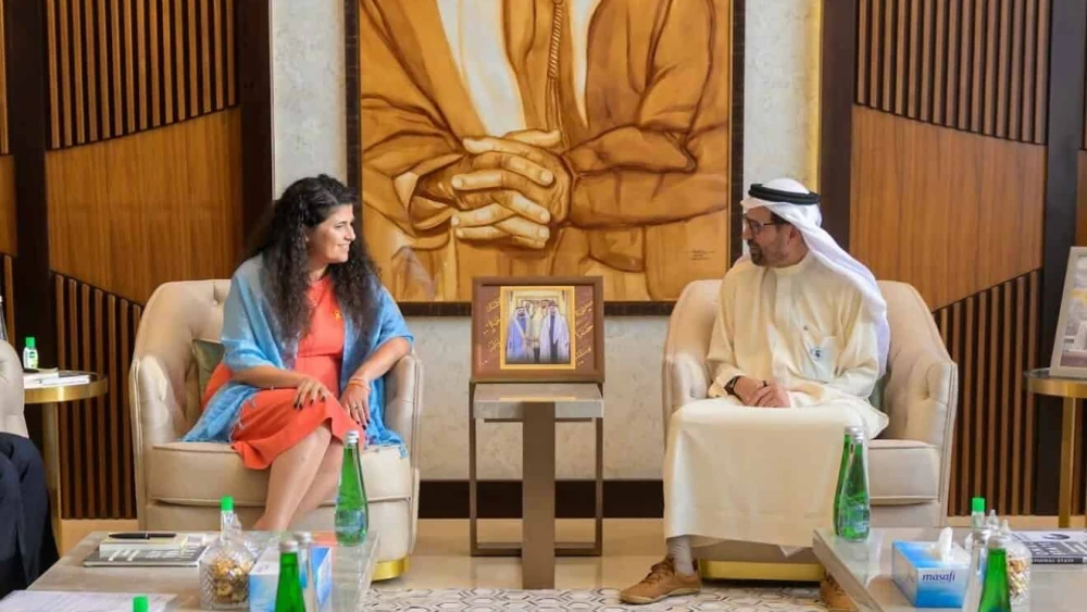 Israeli Deputy Foreign Minister Sharren Haskel meets in Abu Dhabi with Ali Rashid Al Nuaimi, Chair of the Defense Interior and Foreign Affairs Committee. Credit: Ohziel S. Lloorca, September 9, 2025.