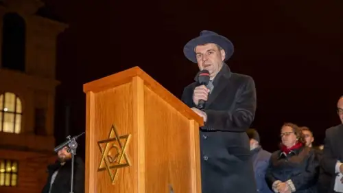 Czech Foreign Minister Petr Macinka voices support for moving the embassy to Jerusalem at a Sunday night Chanukah candle lighting ceremony in central Prague, Dec. 14, 2025. Credit: Courtesy of Chabad-Lubavitch.