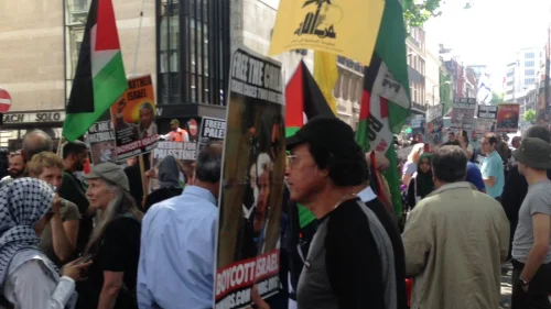 A Hezbollah flag during “Al-Quds Day” demonstrations on the streets of London, 2018. Credit: Zionist Federation via Twitter.