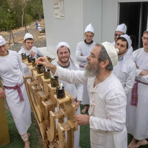 Jewish priests (Kohanim) practice in rituals on an altar built to the original dimensions of the Temple altar according to Jewish tradition, at the Letchila Haredi Farm near Ma’ale Adumim, in Judea and Samaria, Dec. 21, 2025. Photo by Chaim Goldberg/Flash90.
