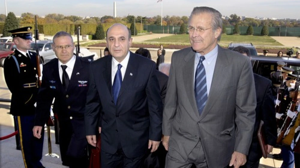 Click photo to download. Caption: From left to right, in November 2005, Defense Attache at the Israeli Embassy Maj. Gen. Amos Yadlin, Israeli Minister of Defense Shaul Mofaz, and U.S. Secretary of Defense Donald Rumsfeld. Yadlin appeared on an Oct. 11 panel at Harvard University. Credit: Robert D. Ward.