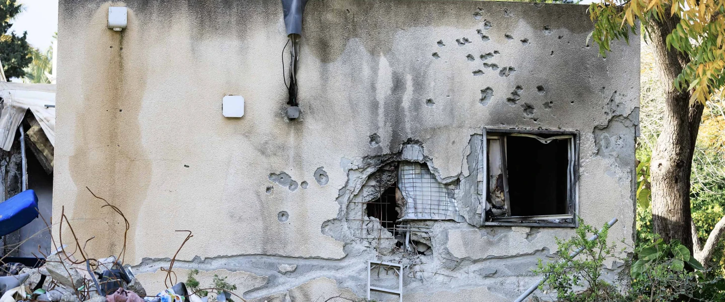 Destruction at kibbutz Kfar Aza after the Hamas-led terrorist attacks of Oct. 7, in southern Israel, on Dec. 19, 2023. Credit: Moshe Shai/Flash90.