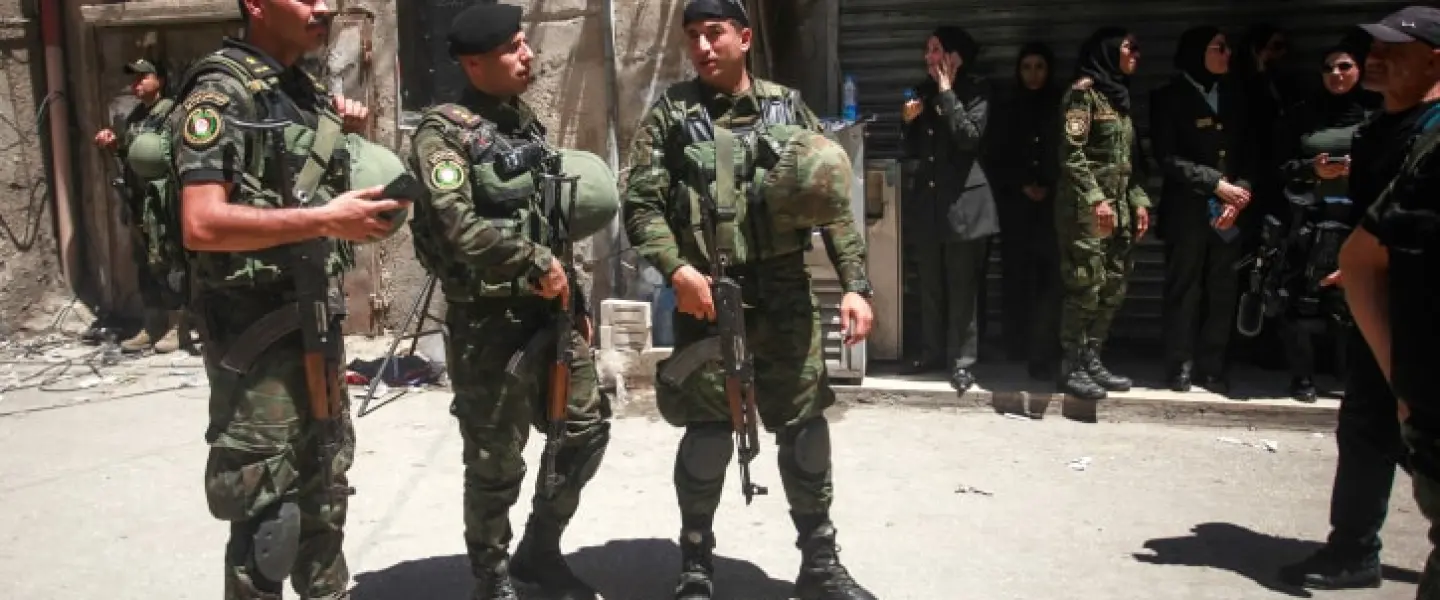 Palestinian Authority police officers on duty during a visit by P.A. head Mahmoud Abbas to Jenin on July 12, 2023. Photo by Nasser Ishtayeh/Flash90.
