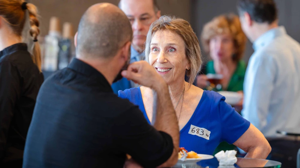 Oct. 7 survivor Adele Raemer at the JCFA briefing in Tel Aviv, Aug. 19, 2025. Credit: The Jerusalem Center for Security and Foreign Affairs.