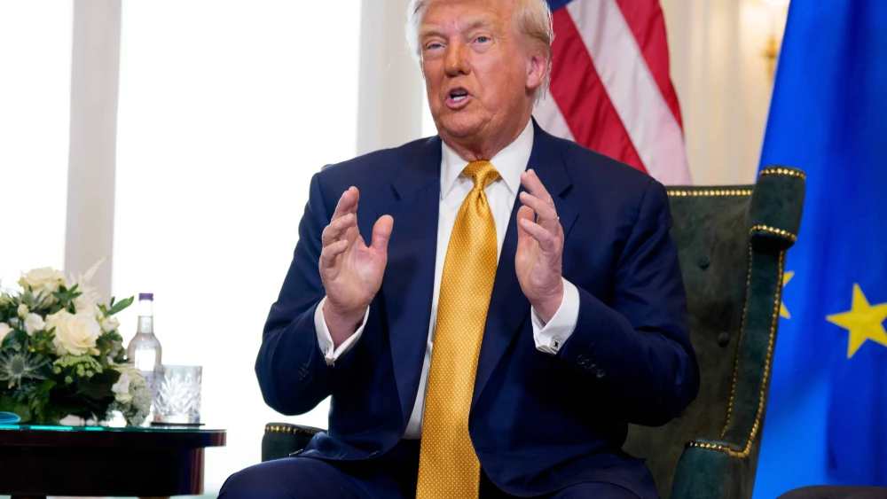U.S. President Donald Trump speaks during a meeting with European Commission President Ursula von der Leyen at the Trump Turnberry golf club in Scotland, July 27, 2025. Photo by Andrew Harnik/Getty Images.