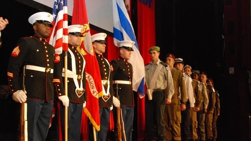 The honor guards of the U.S. Marines and the Israel Defense Forces present colors at the Friends of the Israel Defense Forces 2012 Gala in New York City, March 12, 2012. Credit: Maxine Dovere.
