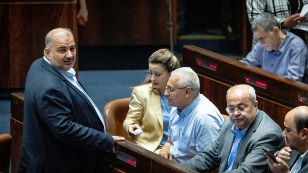 Knesset Member Mansour Abbas (left) and other Arab MKs attend a plenum session at the Knesset, on June 8, 2022. Photo by Yonatan Sindel/Flash90.