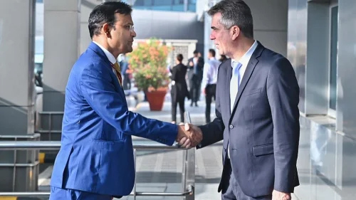 Israel's Foreign Minister Eli Cohen, right, is greeted by Official Spokesperson for the Indian Ministry of External Affairs Arindam Bagchi upon his arrival to New Delhi on May 9, 2023. Source: Twitter.