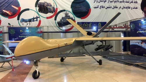 A Shahed-129 UAV is seen at the Eqtedar 40 defense exhibition in Tehran. Credit: Fars News Agency.