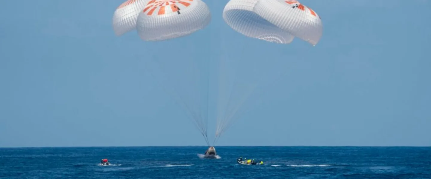 Axiom Mission 1 lands in the ocean off the Florida coast following a 17-day mission to the International Space Station. Photo courtesy of SpaceX.