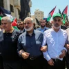 Hamas leaders in the Gaza Strip Ismail Haniya and Yahya Sinwar march during a protest in Gaza City on June 26, 2019. Photo by Hassan Jedi/Flash90
