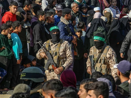 Hamas terrorists in Khan Yunis, the southern Gaza Strip, Jan. 30, 2025. Photo by Abed Rahim Khatib/Flash90.