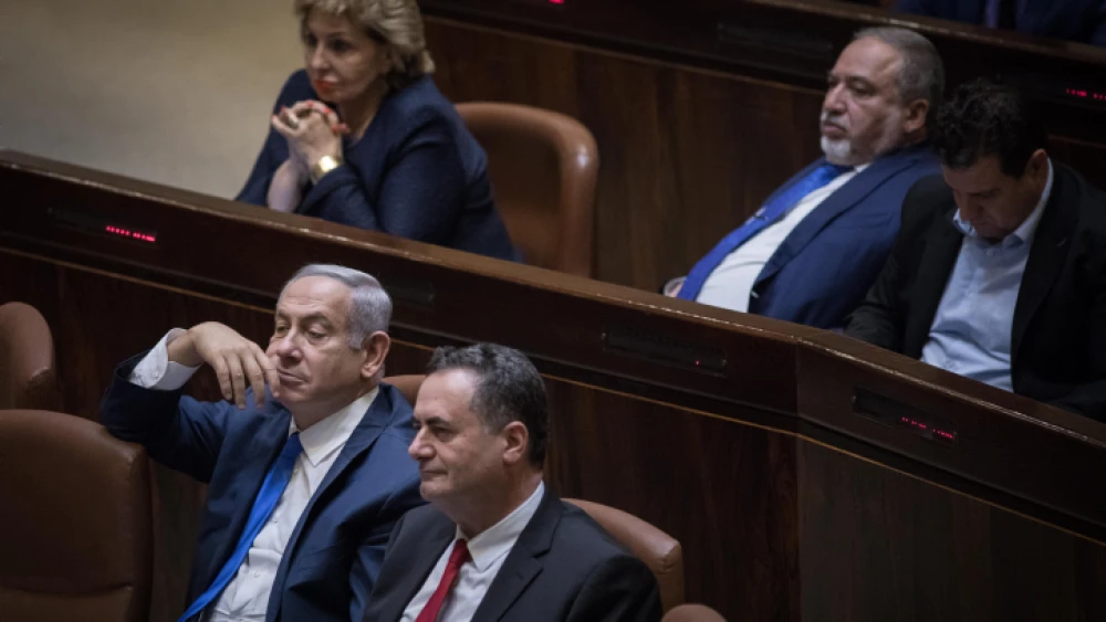 Israel Beitenu leader Avigdor Liberman (top center) and Israeli Prime Minister Benjamin Netanyahu (bottom left), seen at the Israeli Knesset on November 19, 2018. Photo by Hadas Parush/Flash90.