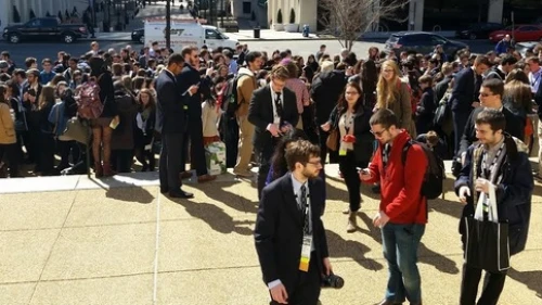 J Street U students gather for a march to the Hillel International headquarters in Washington, D.C., back in March of 2015. Credit: Paul Miller.