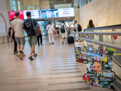 Posters of Israelis held hostage by Hamas in Gaza are displayed at Ben Gurion International Airport, near Tel Aviv, July 13, 2025. Photo by Chaim Goldberg/Flash90.