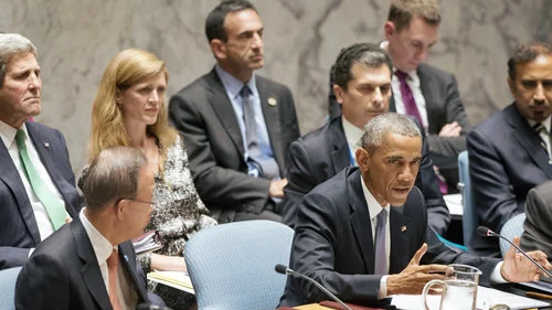 U.S. President Barack Obama (in front) speaks at a U.N. Security Council summit on Sept. 24, 2014. Pictured in the back are U.S. Secretary of State John Kerry (far left) and U.S. Ambassador to the United Nations Samantha Power (second from left). Credit: U.N. Photo/Kim Haughton.