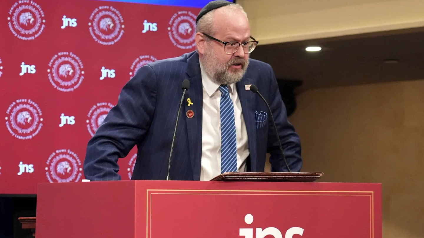 Rabbi Yehuda Kaploun speaks at the JNS Visionary Leadership Assembly in New York City on Sept. 28, 2025, sharing how Jewish identity guides his work as U.S. special envoy–designate to combat antisemitism. Credit: JNS.