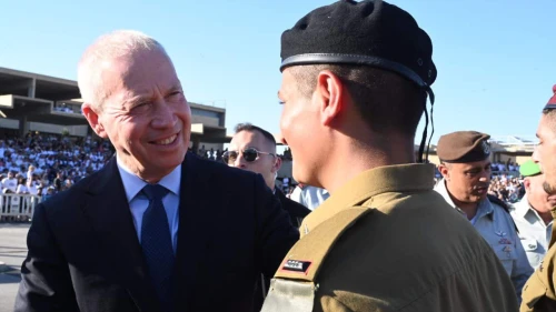 Defense Minister Yoav Gallant congratulates cadet graduates at the Bahad 1 officers training base near Mitzpe Ramon in the Negev, June 28, 2023. Source: Twitter.