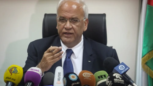 PLO Secretary-General Saeb Erekat speaks during a press conference in Jericho on Feb. 15, 2017. Photo by Flash90.
