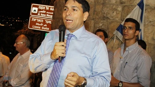 Israeli Deputy Defense Minister Danny Danon, who has been criticized by American Jewish groups for his opinion on the two-state solution, seen on July 15 speaking outside the Lion's Gate during a march attended by 3,500 Jews on the eve of Tisha B'Av, around the city walls of Jerusalem's Old City. Credit: Gershon Elinson/FLASH90.