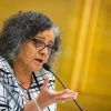Israeli Arab parliamentarian Aida Touma-Suleiman attends a “55 years of occupation” conference at the Knesset in Jerusalem on June 8, 2022. Credit: Olivier Fitoussi/Flash90.