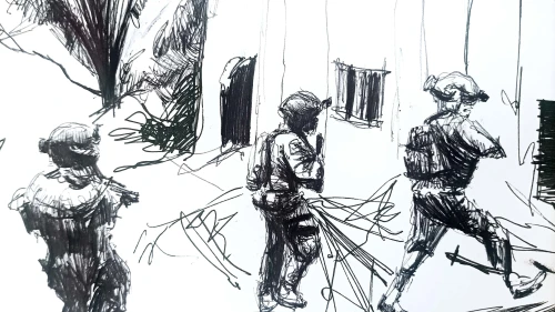 Israeli soldiers entering what may be a booby-trapped house. Sketch by IDF reservist Sam Griffin.