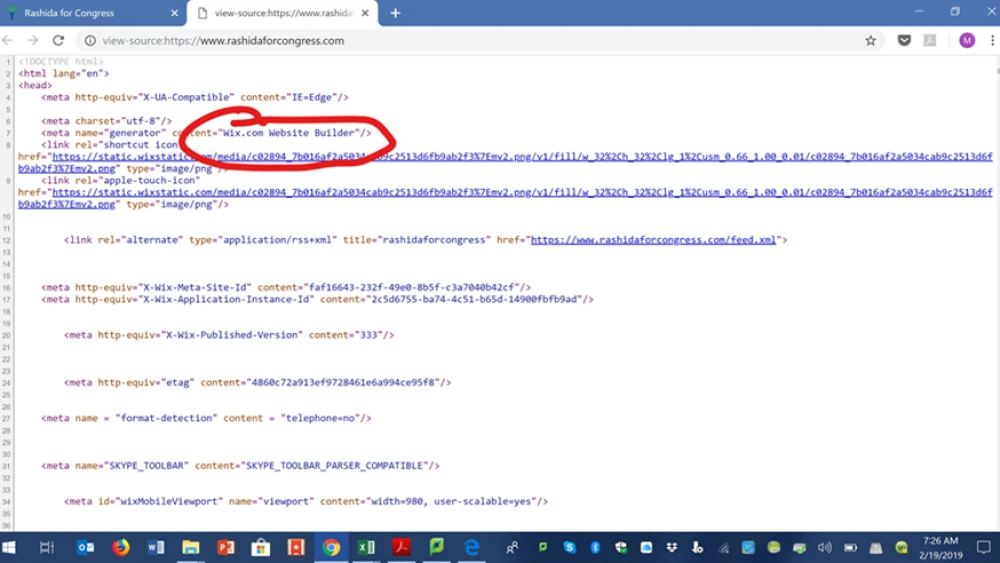 Screenshot taken today, Feb. 19, 2019, reveals Mich. Congresswoman Rashida Tlaib’s web site is built on the Wix platform, which is Israeli, despite her support for boycotting Israel. Credit: Democratic Majority for Israel.