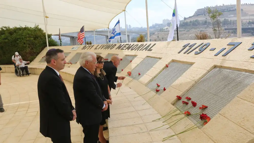 U.S. Ambassador to Israel David Friedman lays a flower in honor of those who died in the Sept. 11, 2001 terror attacks, Sept. 2018. Credit: Yossi Zamir, KKL-JNF Photo Archive.