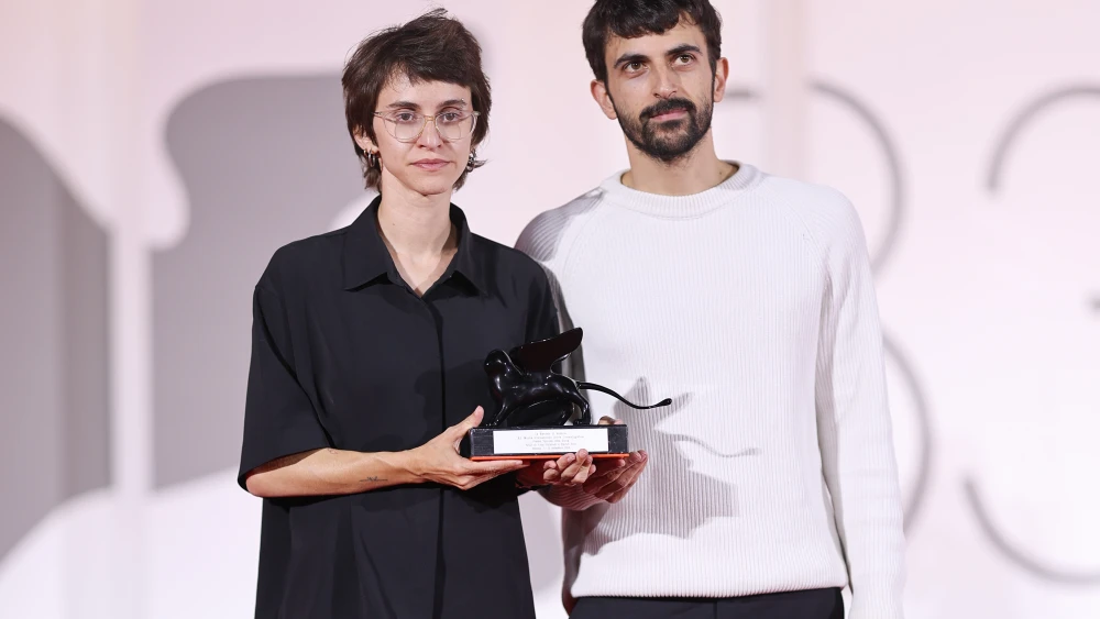 Yuval Abraham and Rachel Szor pose with the Special Jury Prize Award for "NAZA" at the Winners Photocall during the 83rd Venice International Film Festival at Sala Grande on Sept. 12, 2026 in Venice, Italy. Photo by Stephane Cardinale - Corbis/Corbis via Getty Images.