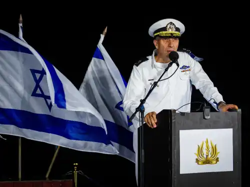 Then-commander of the Israeli Navy Vice Admiral Eli Sharvit speaks at a graduating ceremony for Navy officers in Haifa Naval Base on Sept. 4, 2019. Credit: Flash90.