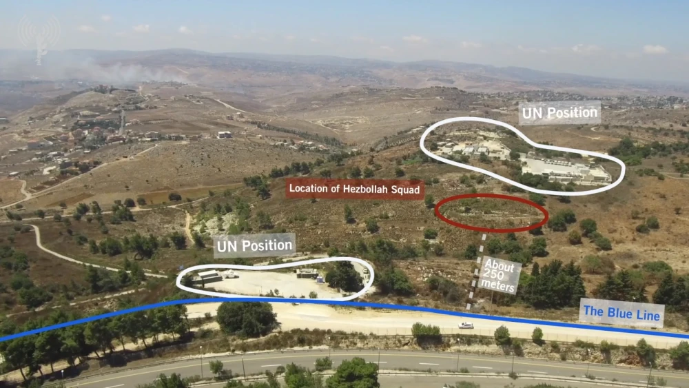 An IDF labeled view showing the proximity of the Hezbollah terror squad to U.N. peacekeeping forces and the Israel-Lebanese border. Source: Screenshot.