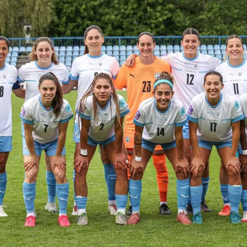 The Israeli women's national football team before its UEFA Nations League match against Estonia, May 30, 2025. Photo by Assi Keifer/Israel Football Association.