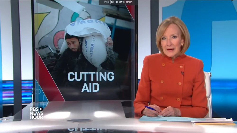 A screenshot of a PBS segment that aired on Feb. 19, 2018 : “With the Trump administration threatening cuts for Palestinian support, aid groups wonder what comes next.” Credit: Screenshot.