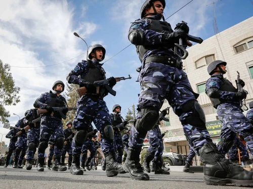 Palestinian Authority security personnel parade in the Judea city of Hebron, Nov. 14, 2017. Photo by Wisam Hashlamoun/Flash90.