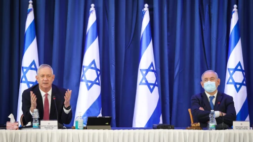 Israeli Prime Minister Benjamin Netanyahu and Defense Minister Benny Gantz at the weekly Cabinet meeting, at the Foreign Ministry in Jerusalem on June 21, 2020. Photo by Marc Israel Sellem/POOL.