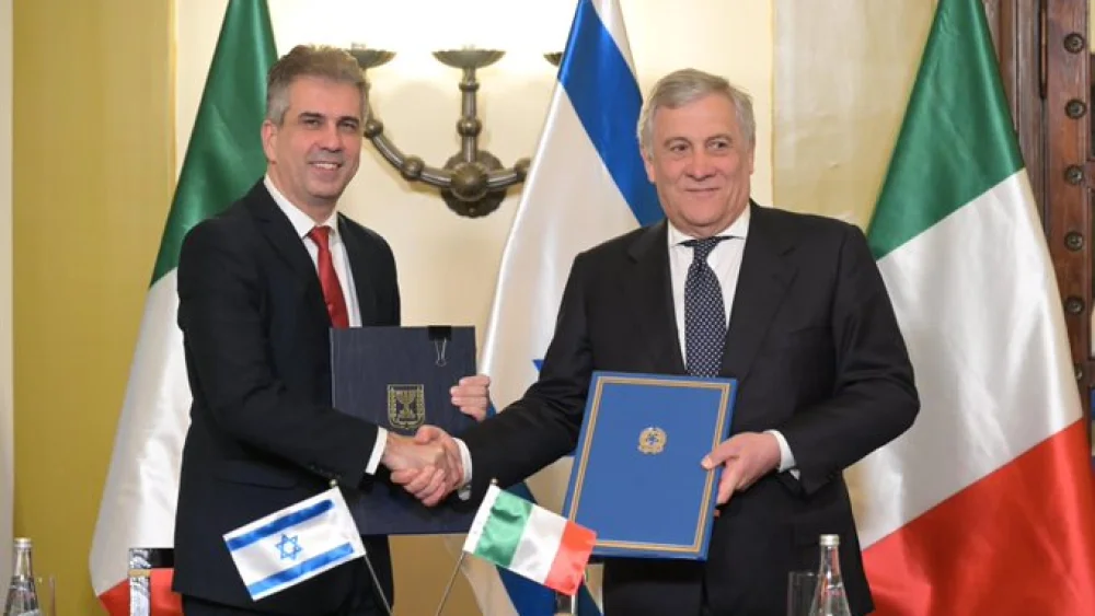 Israeli Foreign Minister Eli Cohen (left) meets with Italian Foreign Minister Antonio Tajani in Jerusalem, March 13, 2023. Source: Eli Cohen/Twitter.