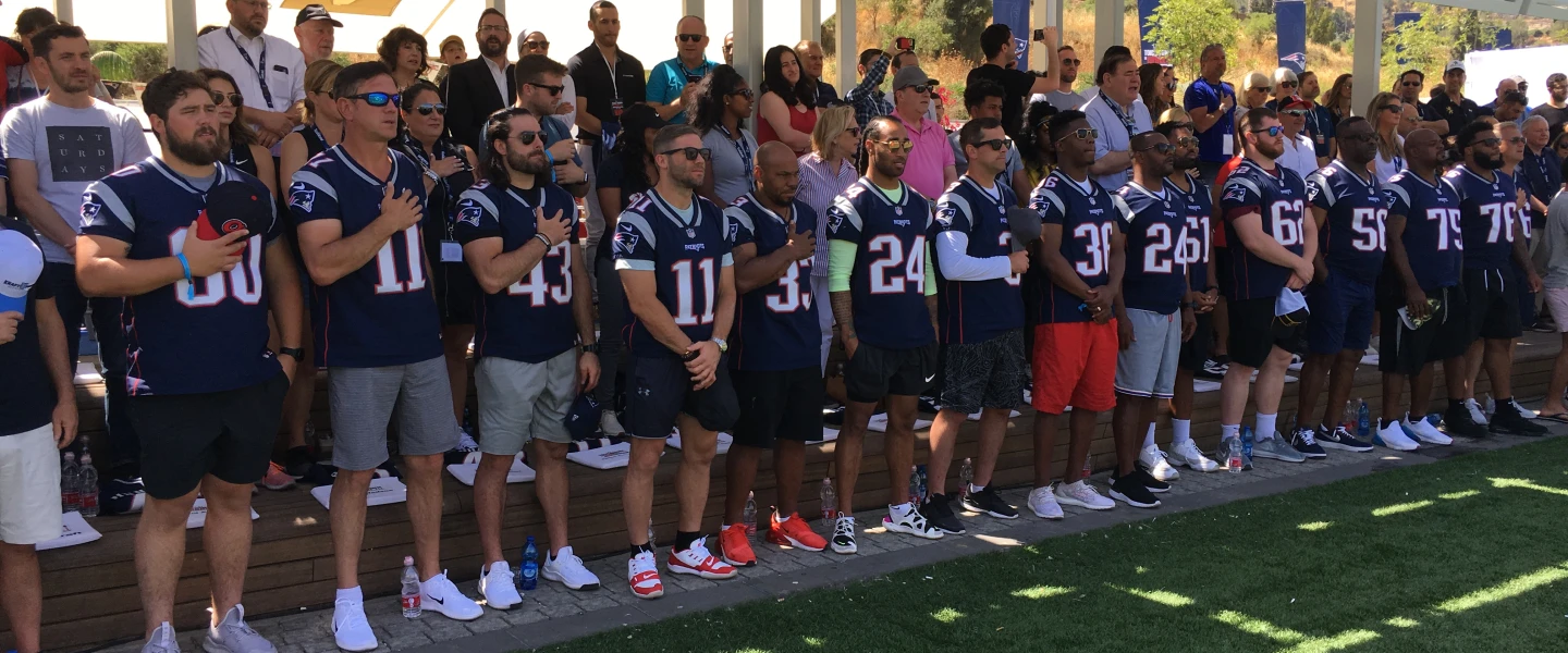 More than a dozen players from the 2019 Super Bowl Champion New England Patriots in Israel as part of the program “Touchdown in Israel III,” the third installment of a VIP trip to Israel for NFL players organized by Patriots chairman and CEO Robert Kraft. Credit: Josh Hasten.