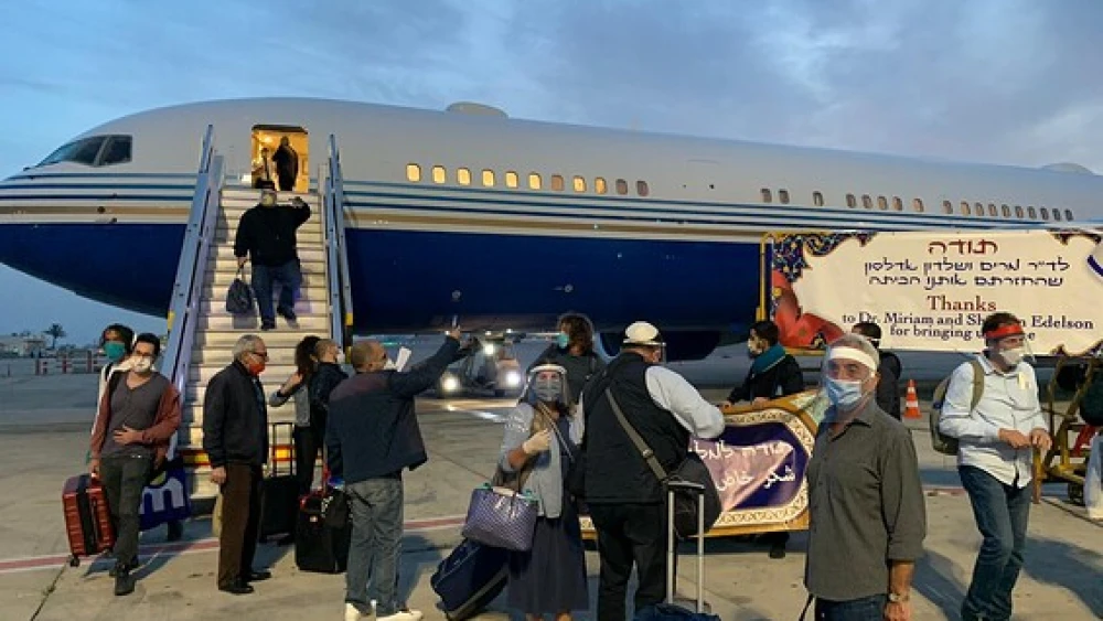 A group of 26 Israelis debark from a rescue plane belonging to American billionaire philanthropists Dr. Miriam and Mr. Sheldon Adelson at Ben Gurion Airport near Tel Aviv on May 14, 2020, after having been trapped in Morocco by the outbreak of the coronavirus pandemic. Credit: Courtesy.