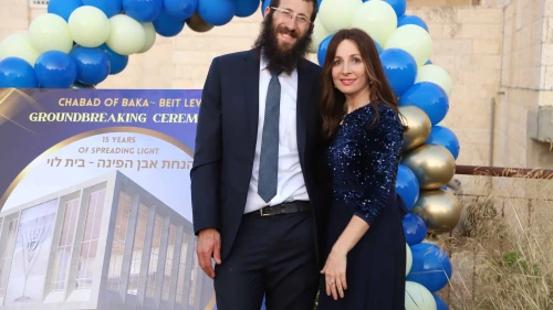 Rabbi Avraham and Nechama Dina Hendel, directors of Chabad of Baka, at the groundbreaking celebration.