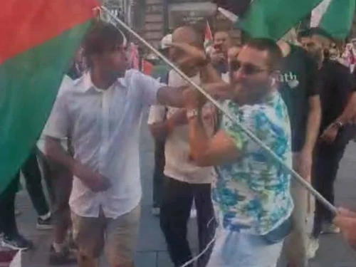 Rabbi Shmuley Boteach (right) during an altercation with anti-Israel activists in Vienna on Aug. 8, 2025. Credit: Courtesy of Shmuley Boteach.