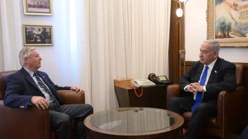 Israeli Prime Minister Benjamin Netanyahu meets with U.S. Sen. Lindsey Graham (R-S.C.) at the Prime Minister's Office in Jerusalem, on April 17, 2023. Credit: Amos Ben-Gershom/GPO.