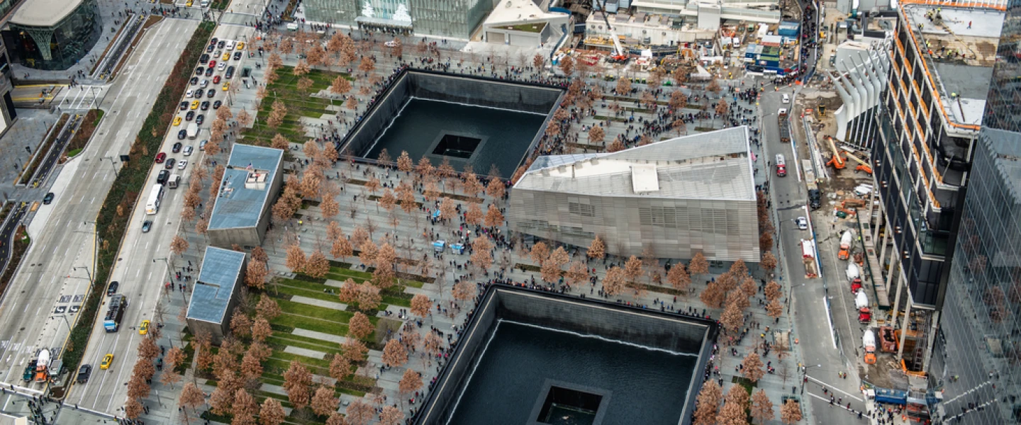 An aerial view of the 9/11 Memorial Museum in Lower Manhattan. Credit: Nick Starichenko/Shutterstock.